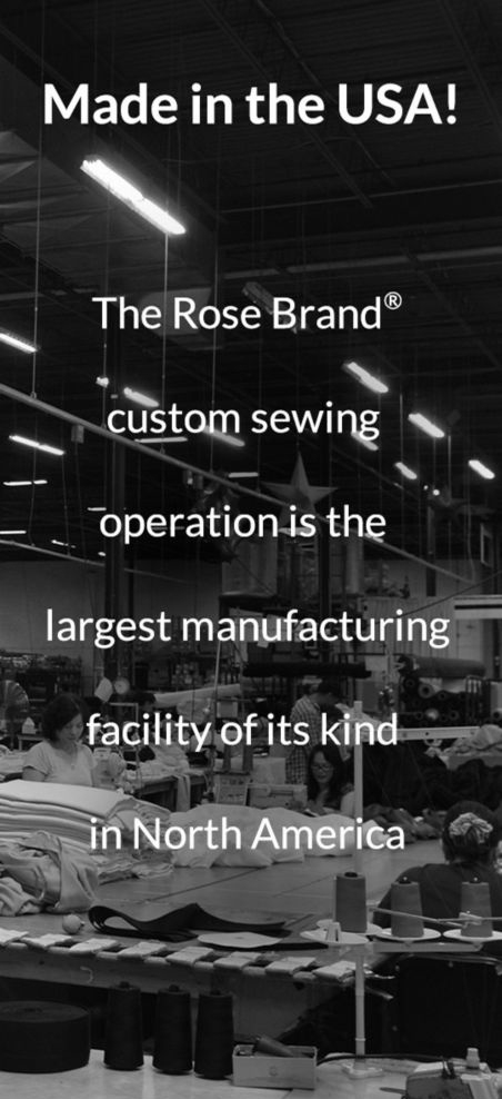 Image of a Rose Brand factory with text saying Made in the USA.